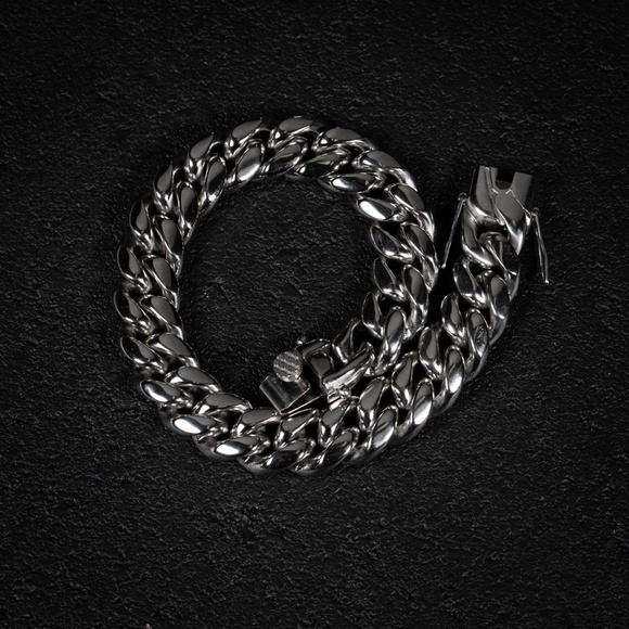 Mens Solid White Gold Plated 316 Stainless Steel Thick Heavy Cuban Link Bracelet - Picture 4 of 4